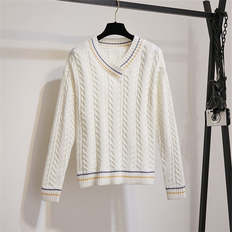 Fall Winter New Vneck Thread jacquard White Sweater and Plaid Woolen Mini Skirts 2 Piece set Women Twinset Girls Students Sets 201102