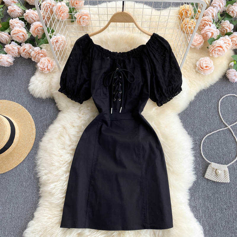 DEAT Women Black Belt Ruffles Dress Slash Neck Short Sleeve Arrivals Lady Sexy Fashion Spring Summer 11D55201M 210709
