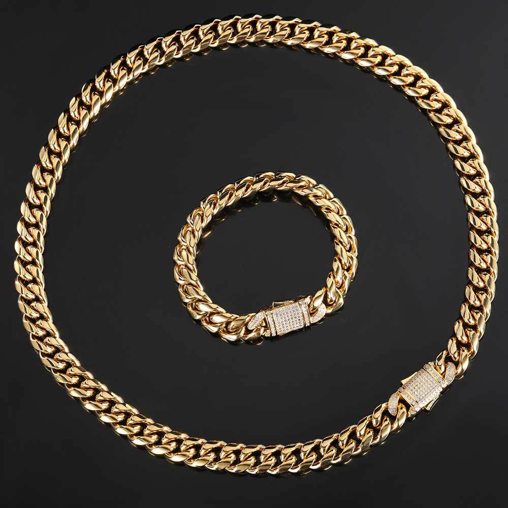 Hip Hop Titanium Steel Polished Miami Necklace Set with Zircon Spring Buckle Stainless ound Polished Cuban Chain
