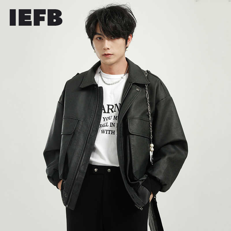 IEFB Men's Autumn Winter Locomotive Leather Waterproof Motorcycle Jacket Black Short Style Zip Up Jackets Lapel 9Y8566 211018
