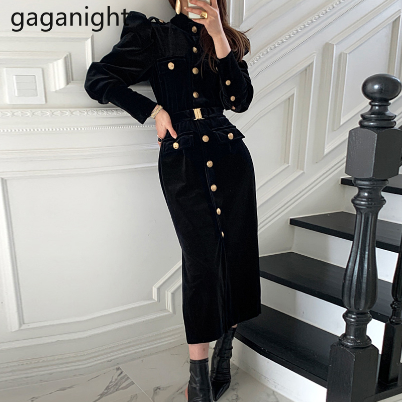 Gaganight Autumn Winter Velvet Women Maxi Dress Long Sleeve Single Breasted Slim Korean Dresses Female Lady Elegant Vestidos New 210303