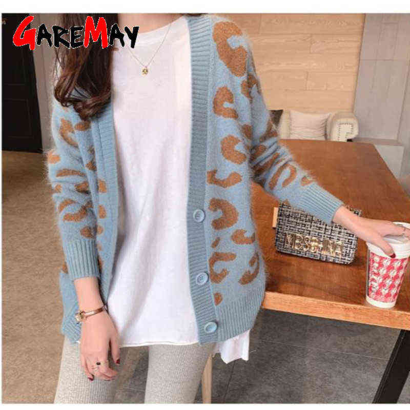 Autumn Winter Knitted Leopard Sweaters Women Korean V Neck Thick Print Cardigan Coat Loose Button Outwear Tops 211109