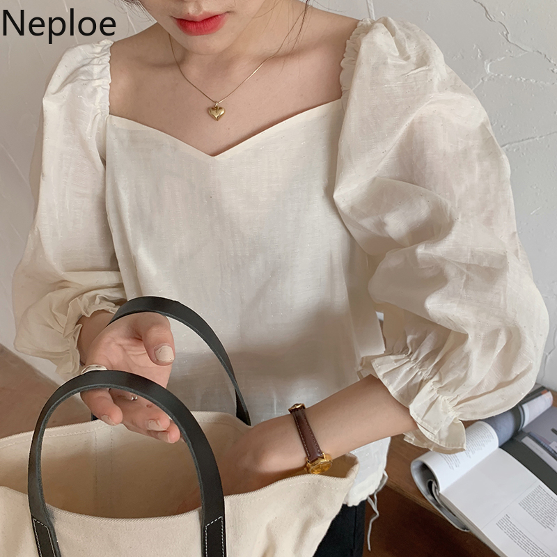 Neploe Blouse Women Korean Chic Sqaure Collar Puff Sleeve Ladies Blusa Shirts Spring Fashion Casual Female Tops 1C595 210225