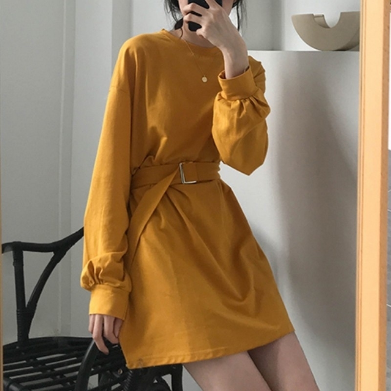 7 Colors Autumn and Winter New Solid Color Longsleeved Long T Shirt Women Female Waist Belt Tshirt Korean Style Tops T200319
