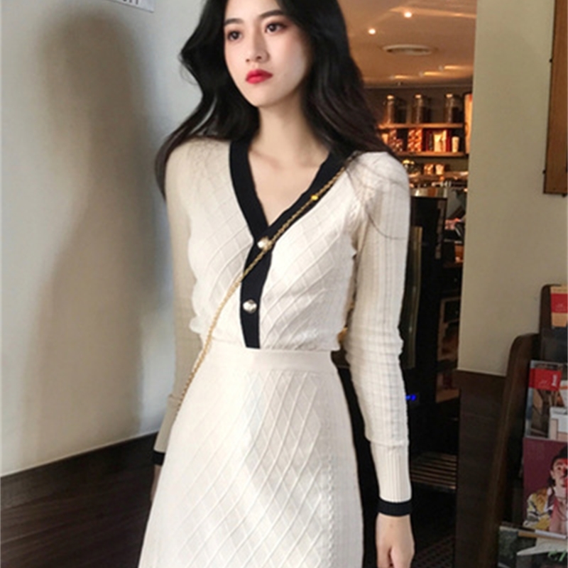 Autumn High quality Women Knit V-neck Long sleeve Cardigan Sweaters+Skirts Sets Solid Plaid Woman Casual OL Skirt Suits T200325