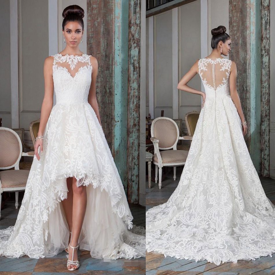 2021 A e Illusion Bodice Wedding Dresses Hi-Lo Bridal Gowns Plus Size Sleeveless Lace Appliques Coverd Button Vestios De Novia