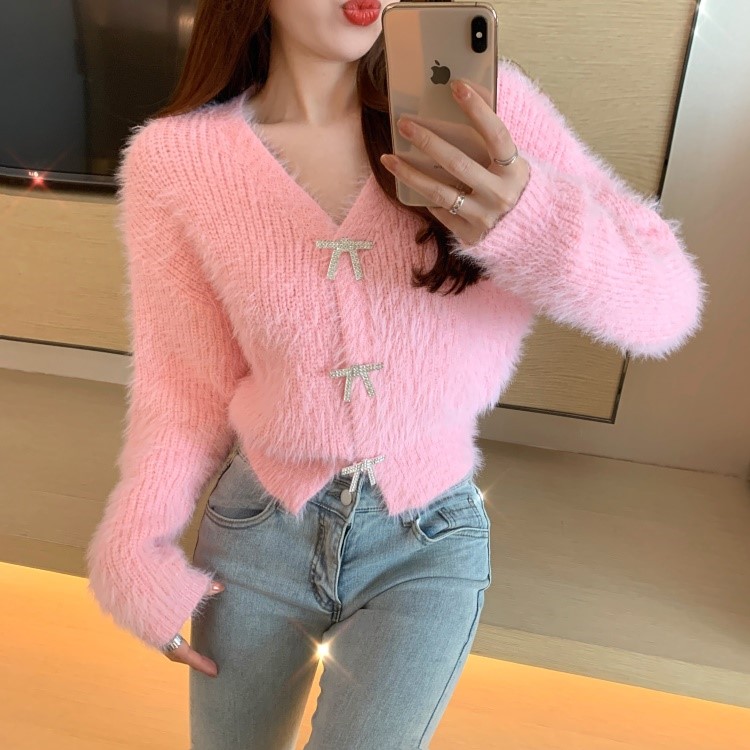 Autumn new womens v-neck rhinestone bow buttons patchwork mohair wool knitted long sleeve short sweater cardigan coat plus size SML