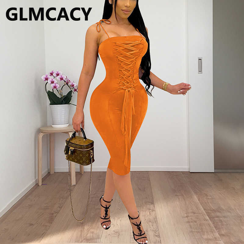 Spaghetti Strap Lace Up Front Slim Bodycon Midi Dress 210702