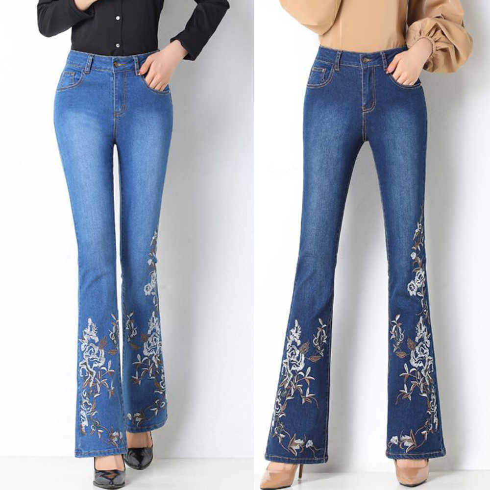 Embroidered Flower Denim Jeans For Women Fashion High Waist Flare Pants Casual Loose Stretch Trousers 210922