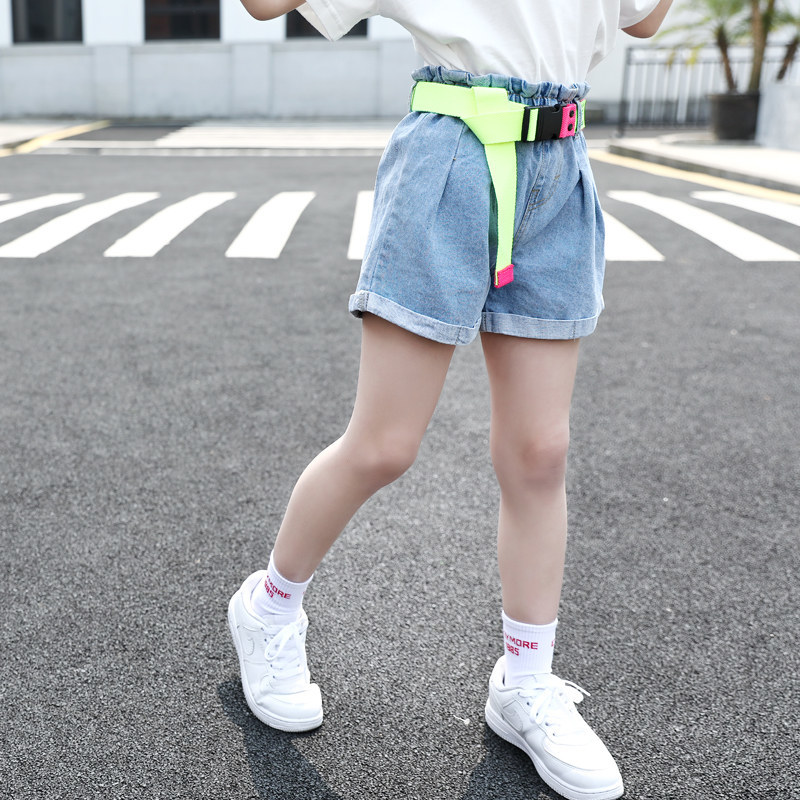 Fashion Girls High Waist Denim Shorts with Belt Baby Girls Jeans Shorts Summer Cute Kids Clothes for Teenagers 13-4 Years 210303