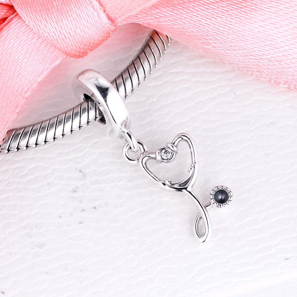 Heart Beads100% Real 925 Sterling Silver Stethoscope Heart Dangle Charms Fit Bracelet Metal Beads Silver Jewelry Q0531
