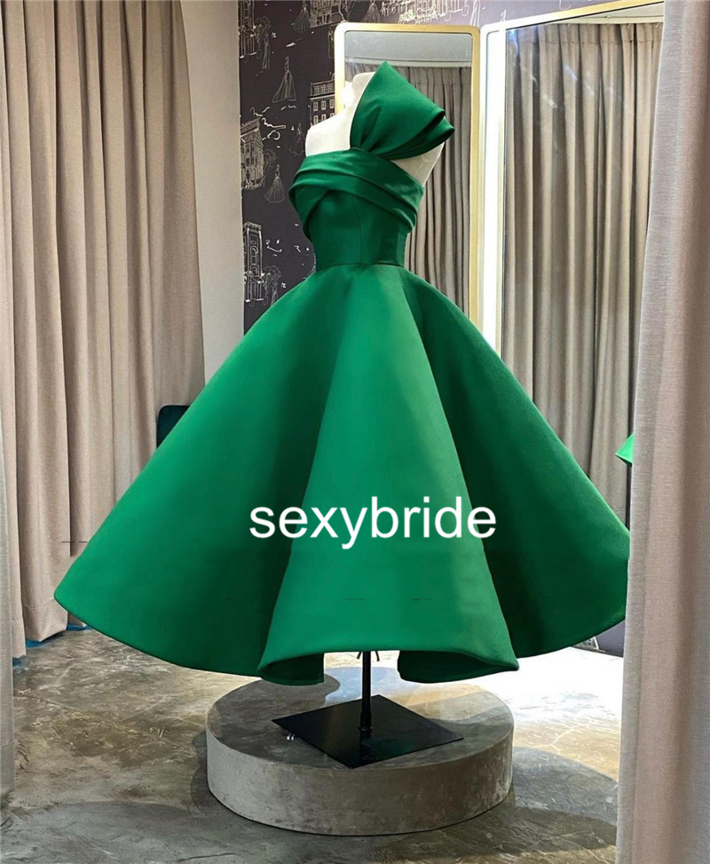 Elegant Arabic Short One Shoulder Prom Dresses A Line Tea length Puffy Dark Green Evening Gowns 2021 Homecoming Dress Cocktail Party Gowns