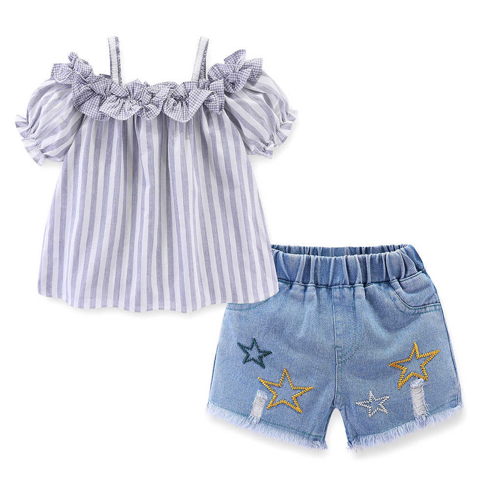 Mudkingdom Girls Outfits Ruffle Collar Striped Tops Denim Shorts Set for Girl Clothes Strap Shirt Jean Suit Toddler 210615