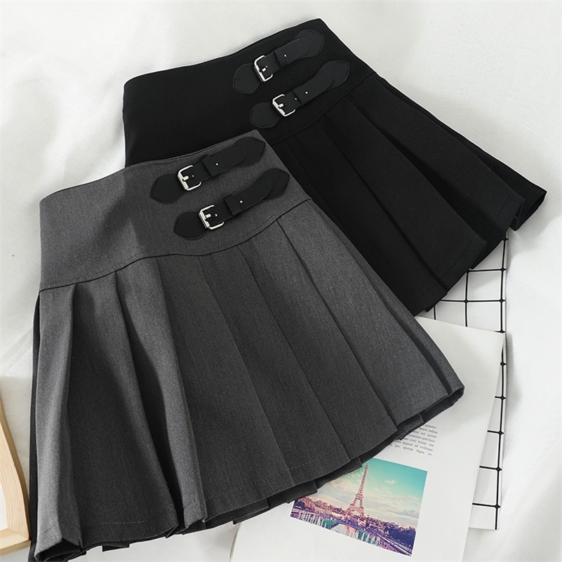HELIAR JK Preppy Pleated Grey A-line Mini Wide Leg Harajuku Spring Skirts For Women 210306