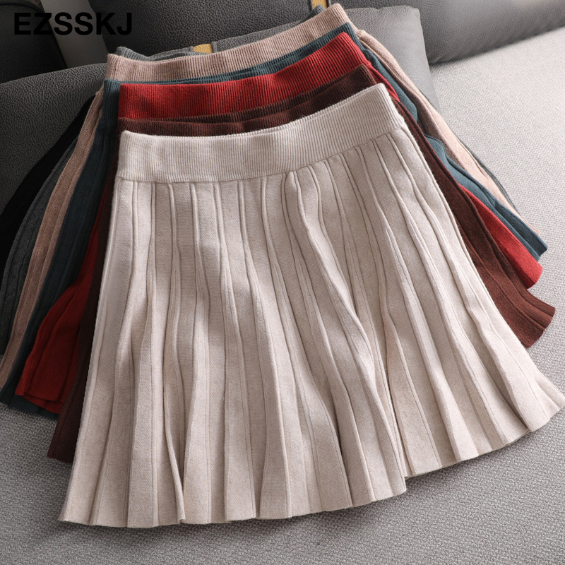 Autumn winter short women mini sweater pleated aline sun skirt highwaist 210306