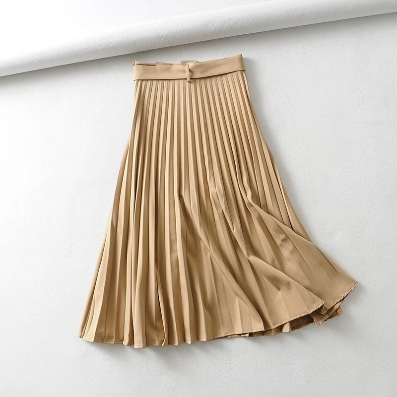 Women Pleated Skirt Spring New Fashion Belt Zipper Fly Modern Lady Long Skirts T200324