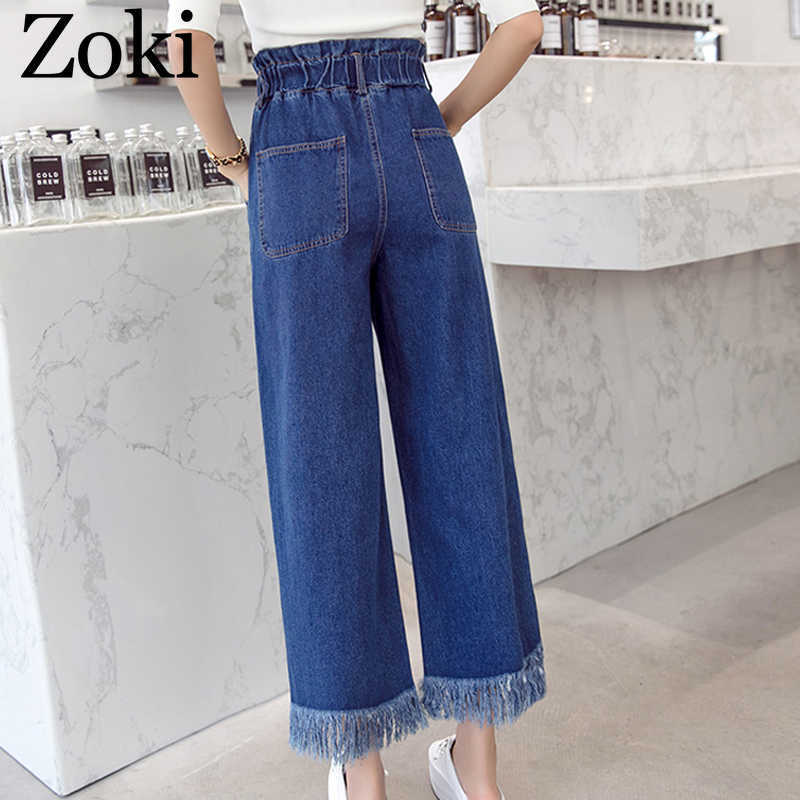 Zoki Spring Plus Size Women Jeans Tassel High Waist Elastic AnkleLength Denim Pants Fashion Loose Wide leg Female S5XL 210922
