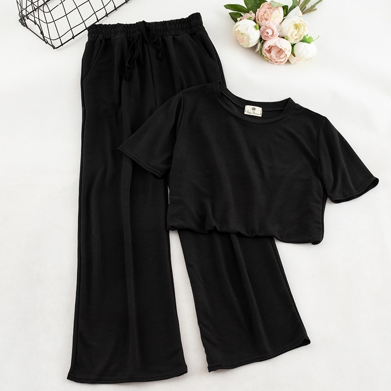 New Women's Sets Shortsleeved Tshirt High Waist Loose Show Thin Fashion Broadlegged Casual Trouser Suit Women's Clothing T200817