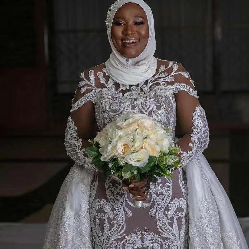 Plus Size Muslim Mermaid Wedding Dresses Bridal Gown With Detachable Train Satin Bow Lace Applique Long Sleeves Custom Made Designer African Vestido D