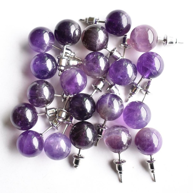 Natural stone mixed Stud Earrings Crystal Quartzs Round Ball Beads Silver Color Fashion Ear Jewlry for Women Girl 20pcs 220210