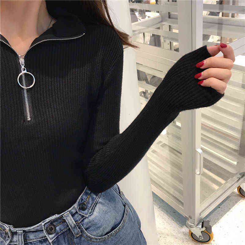 Knitted Women Zipper High Neck Sweater Pullovers Turtleneck Autumn Winter Basic Women Sweaters Slim Fit Black Pull Femme 211109