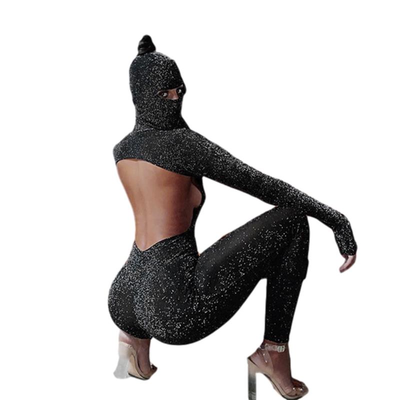 Fashion Women Sparkling Tight Jumpsuits with Balaclava Hood Mask, Sexy Open Back Sequin Long Romper Playsuits