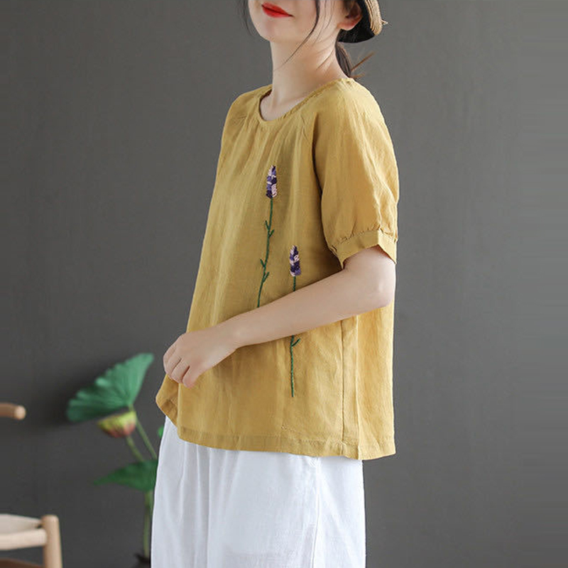 T-shirts Women Summer Vintage Floral Embroidery Casual Tops Shirt New Fashion All-match Cotton Linen Female Tee Shirt P683 210306