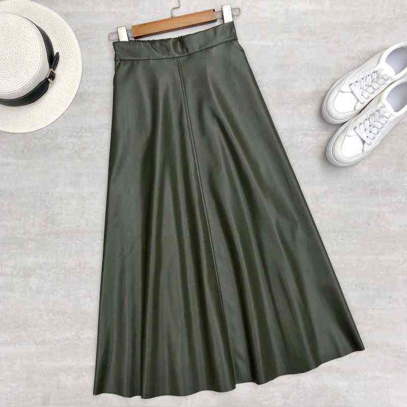 Neophil 80cm Pockets Winter Women Pu Faux Leather Skirts High Waist Elastic Latex Female Chic Flare Long Skirt S21847 211119