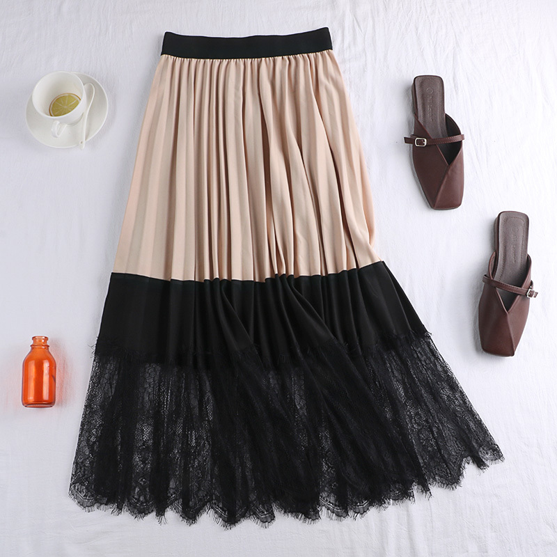 Spring Autumn Elegant Patchwork Lace Skirt Women Vintage Panelled Striped High Waist Skirts Slim Pleated Party Skirts Mw870 210306