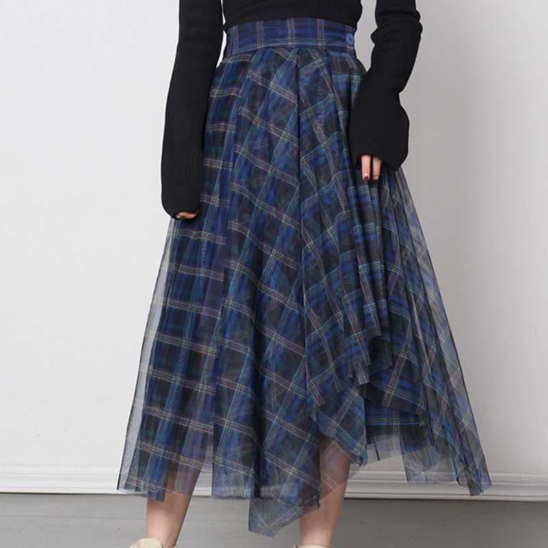 Fashion Elegant Temperament Blue Mesh Plaid Skirt High Waist A-line Women Skirts Fresh All-match Office Lady Jupe 210525