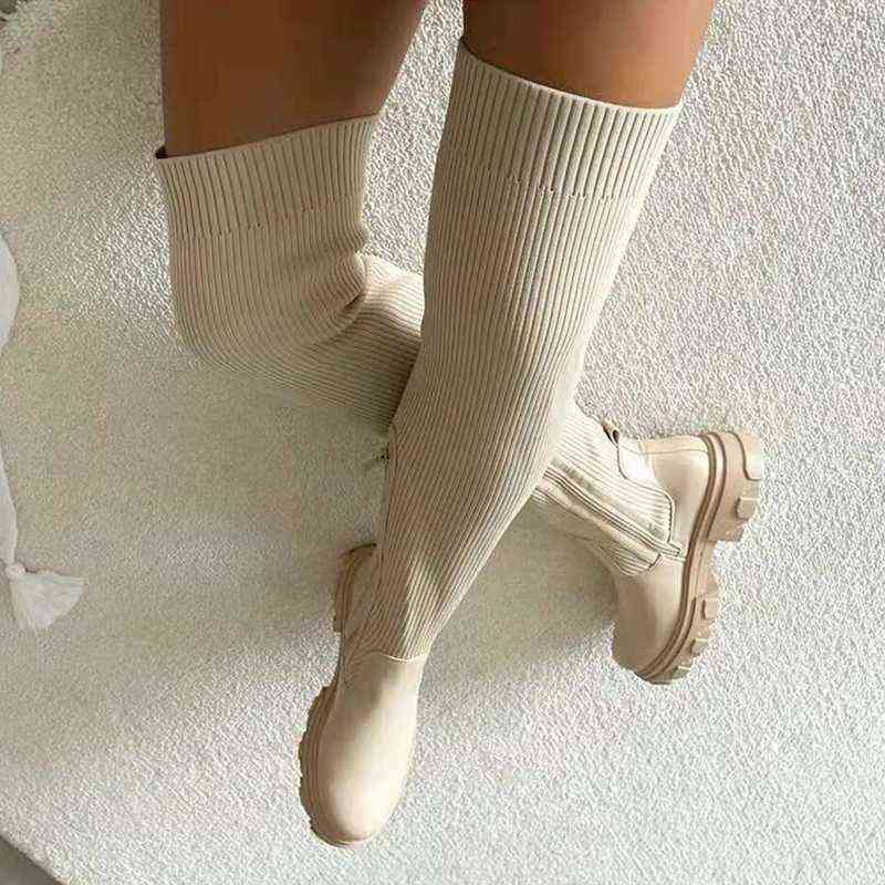 Flats Shoes Thick Sole Boots Autumn Winter Breathable Knitting Upper Women Thigh High Boots 2021 Stretch Round Thigh High Boots H1116, Beige 
Flats Shoes Thick Sole Boots Autumn Winter Breathable Knitting Upper Women Thigh High Boots 2021 Stretch Round Thigh High Boots H1116, Beige