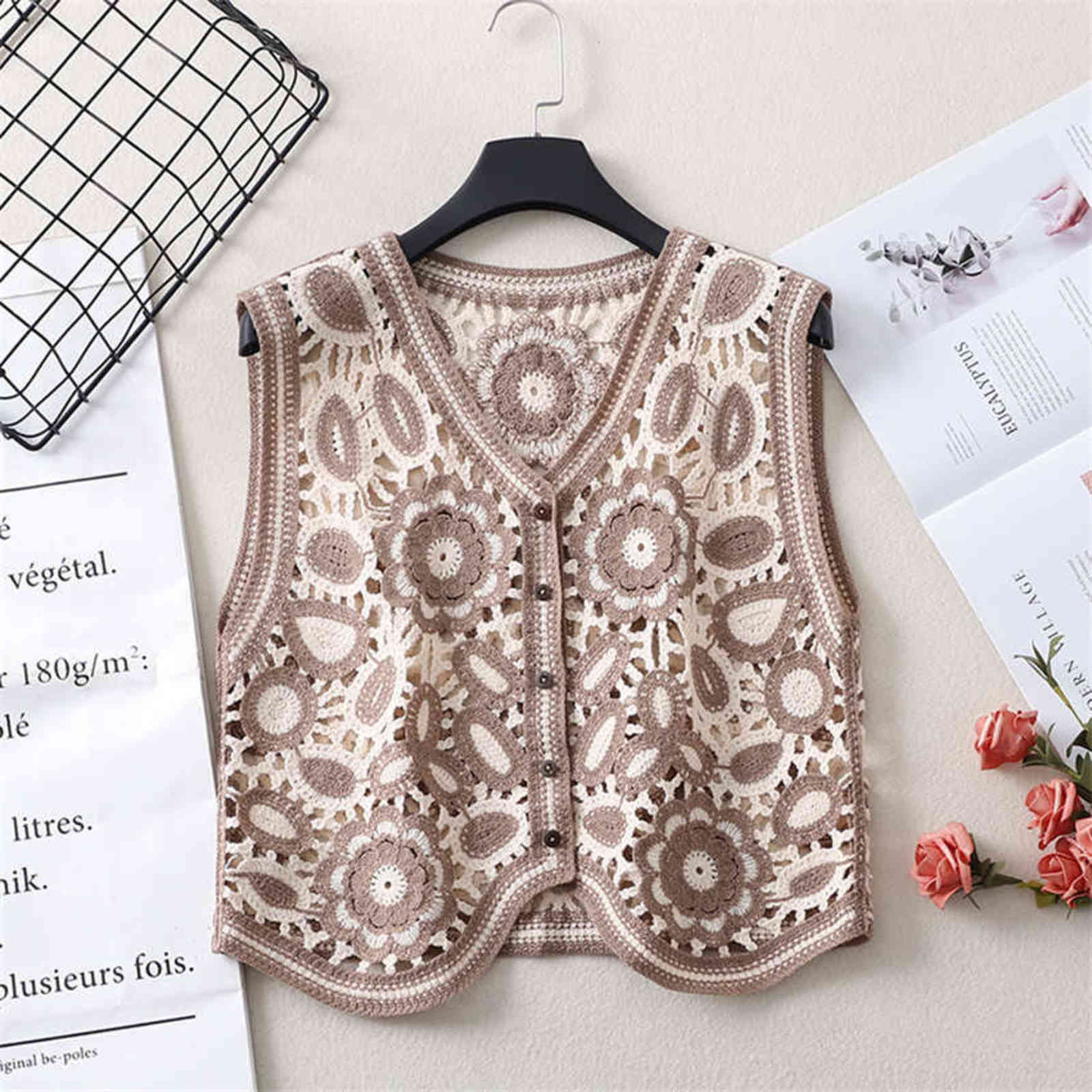 Floral Crochet Knitted Vest Women Summer Autumn Womens Retro Sleeveless Jacket Cardigan Boho Bohemian Embroidery Waistcoat 211120