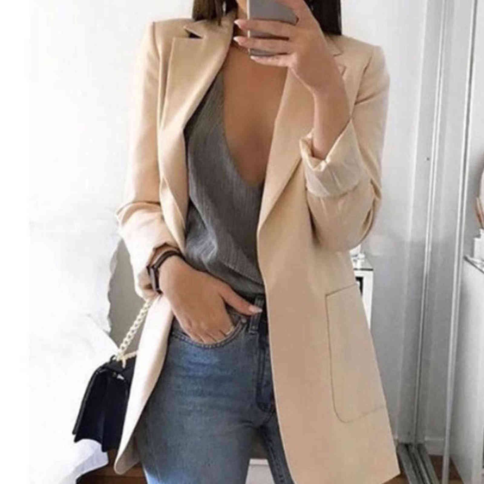 Gentillove Women Autumn Solid Color Blazer Female Work Office Pocket Tweed Oversized Casual Slim Coat Fashion 211122