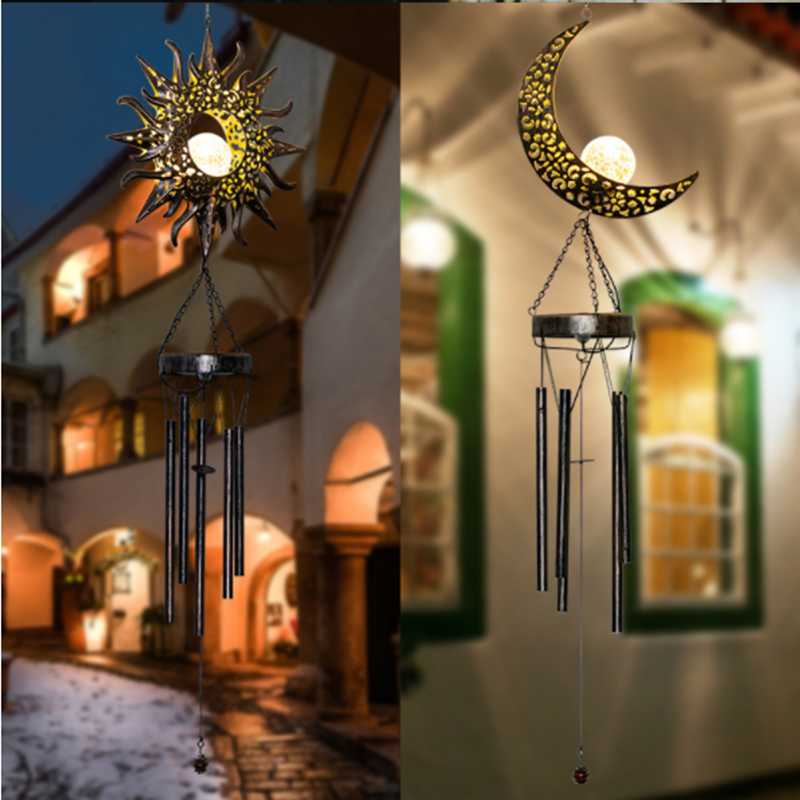 Solar Lamps LED Iron Wind Chime Light Star Moon Sun Shape Outdoor Garden Waterproof Hanging Lights Battery Yard Decoration Lamp