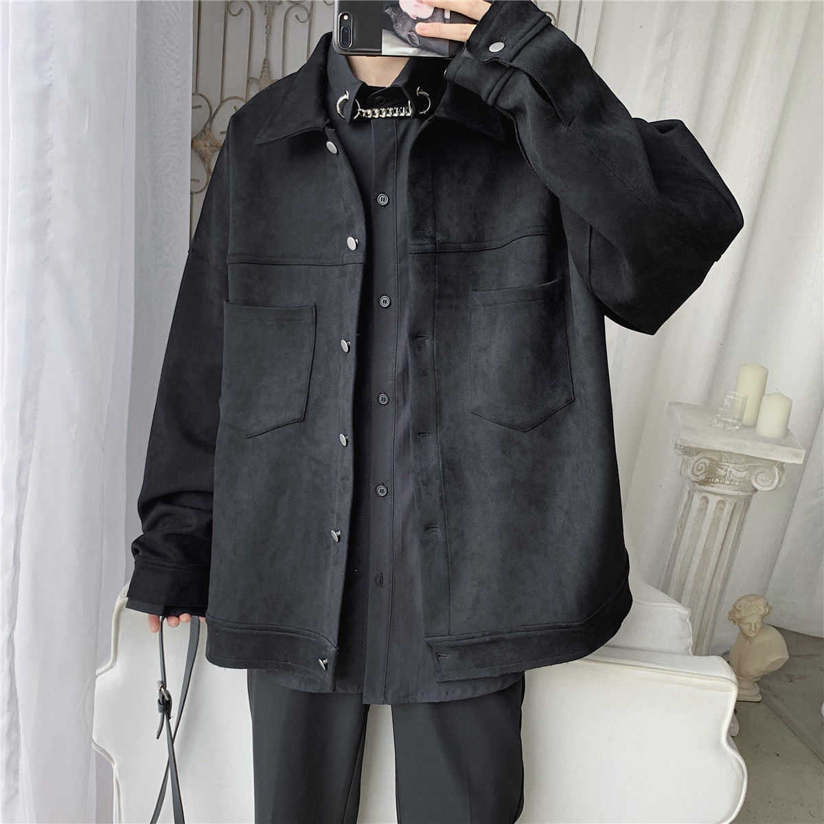 Privathinker Men's Solid Oversized Suede Jackets Korean Style Men Casual Loose Coats Autumn Men's Fashion Outerwear 211009