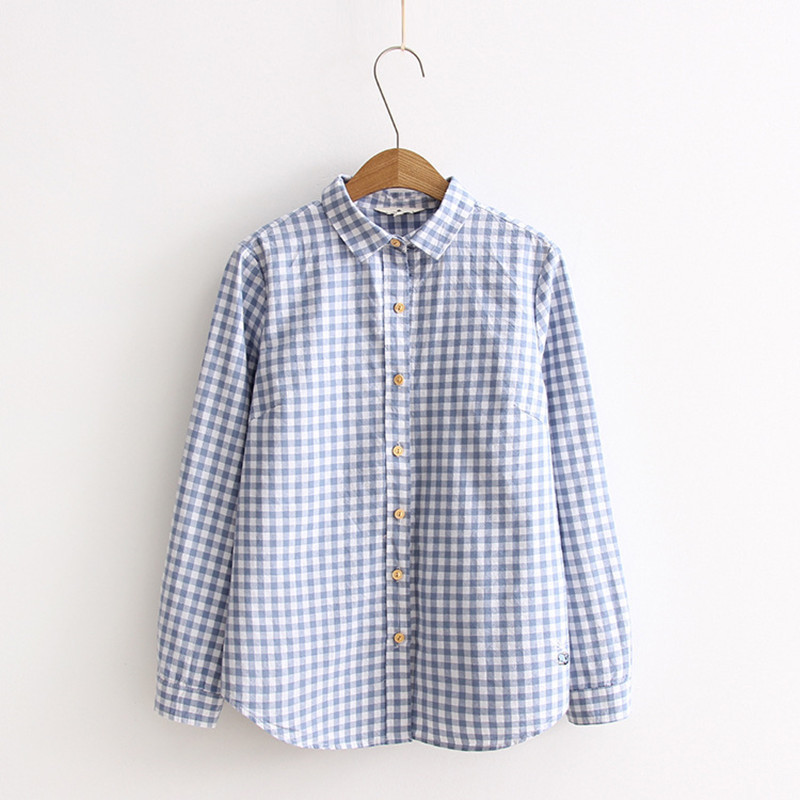 FEKEHA Cotton Long Sleeve Blouse Women With Embroidery Plaid Shirts For Women Autumn Blue Yellow Lady Tops Work Blouses Office 210225