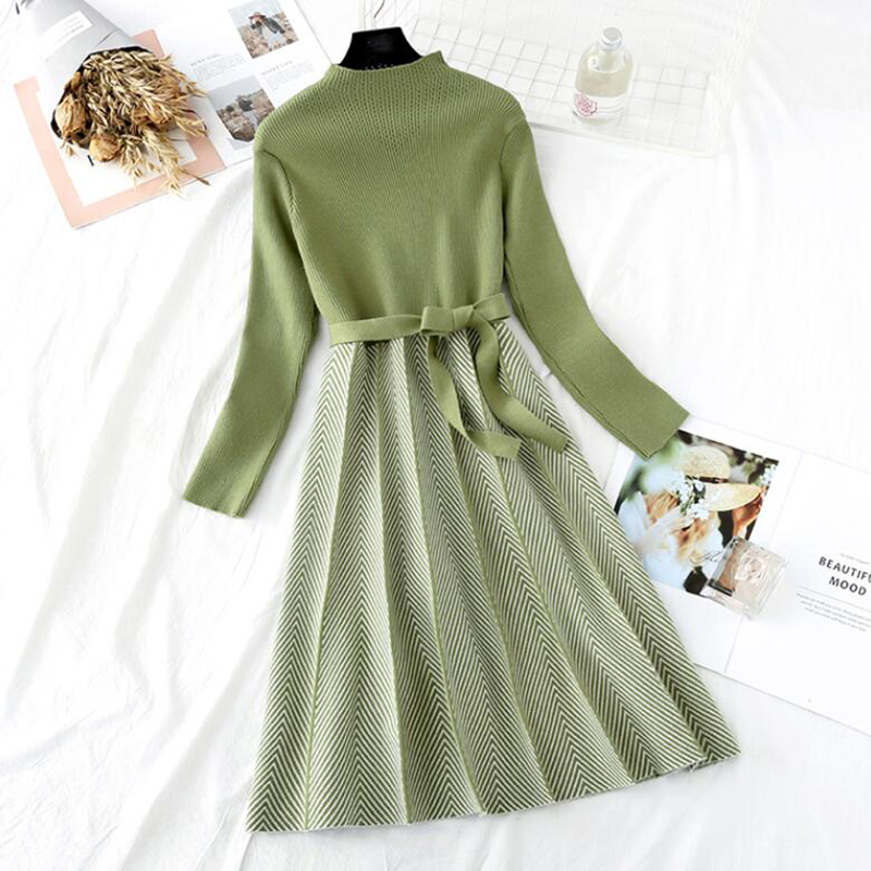 Autumn Winter Women Knitted Dress New Korean Long Sleeve Half turtleneck A Line Sweater Dress Elegant Ladies Bandage Dress 201008