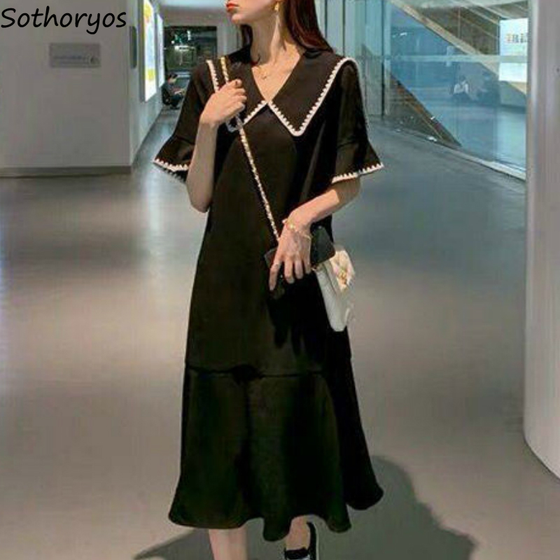 Women Black Dress Plus Size 4XL Loose Patchwork Fashion Sailor Collar Korean Style Chic Sweet Females Dresses Harajuku Simple C0304