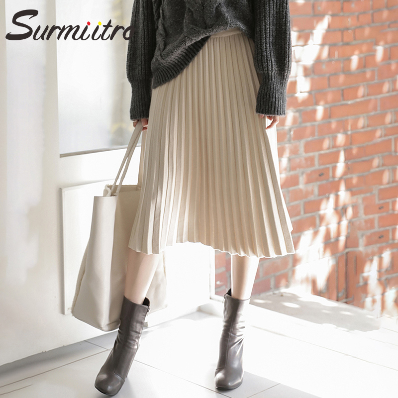 SURMIITRO Knitted Midi Pleated Skirt Women For Autumn Winter 2021 Korean Ladies High Waist White Black Pleated Skirt Female 210309
