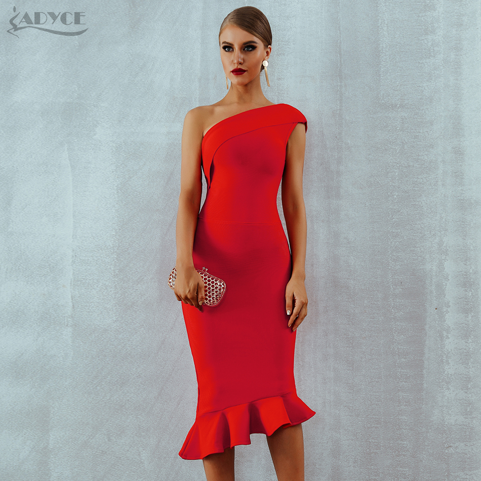 Adyce New Summer Women Bandage Dress Sexy One Shoulder Sleeveless Ruffles Nightclub Celebrity Evening Party Mermaid Dresses 210309