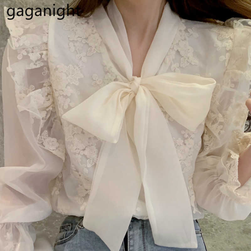 Korean Women Fashion Long Sleeve Bow Shirts Apricot Chiffon V-Line Flare Office Ladies Blouses Spring 210601