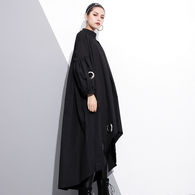 EAM Spring Round Neck Long Sleeve Solid Color Black Metal Ring Big Size Hollow Out Dres Fashion JE29201 210309