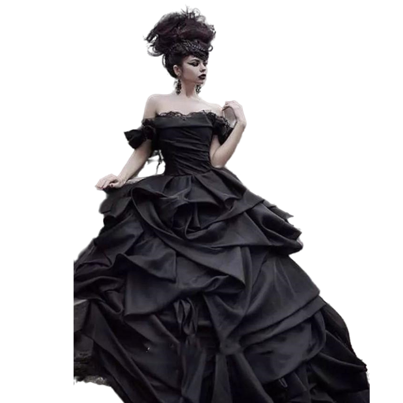 Vintage Black Ball Gown Wedding Dresses Off The Shoulder Full Length Long Cascading Ruffles And Ruched Gothic Bridal Gowns 2022 Medieval Vampire Bride
