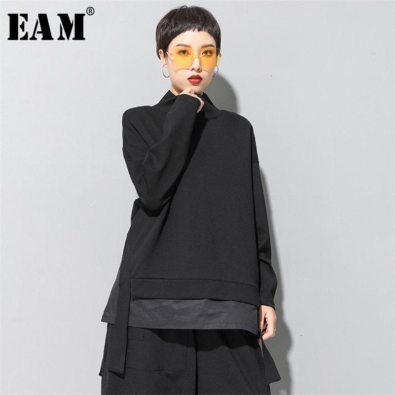 [EAM] Loose Fit Asymmetrical Oversized Sweatshirt New High Collar Long Sleeve Women Big Size Fashion Spring Autumn 19A-a124 201102