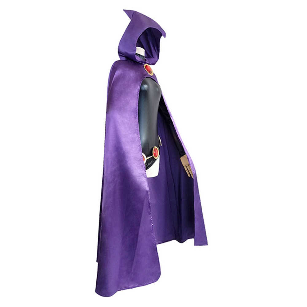 Teen Titans Super Hero Raven Cosplay Costume Women Black Bodysuit Purple Hooded Cloak Jumpsuits Halloween Party Y0913