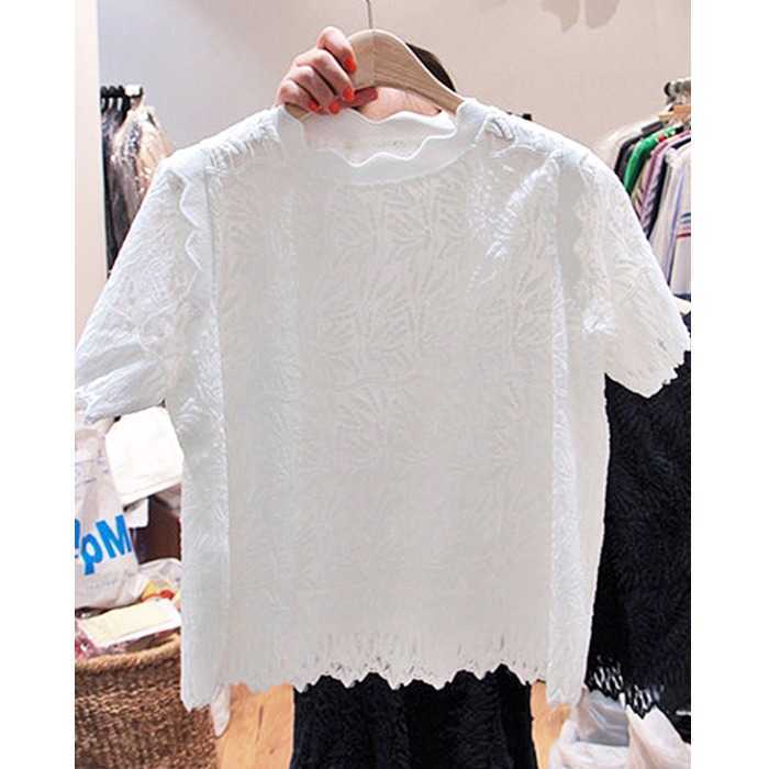 Spring Summer Fashion Lace Embroidered Petals Short-sleeved O Neck Solid Women Tops 210615Z
