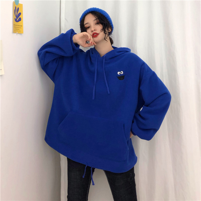 Cartoon Plus Velvet Pockets Oversize Sweatshirts Women Women's Autumn Hooded Hoodies Sweatshirt Spring Embroidered Sweatshirts 201112