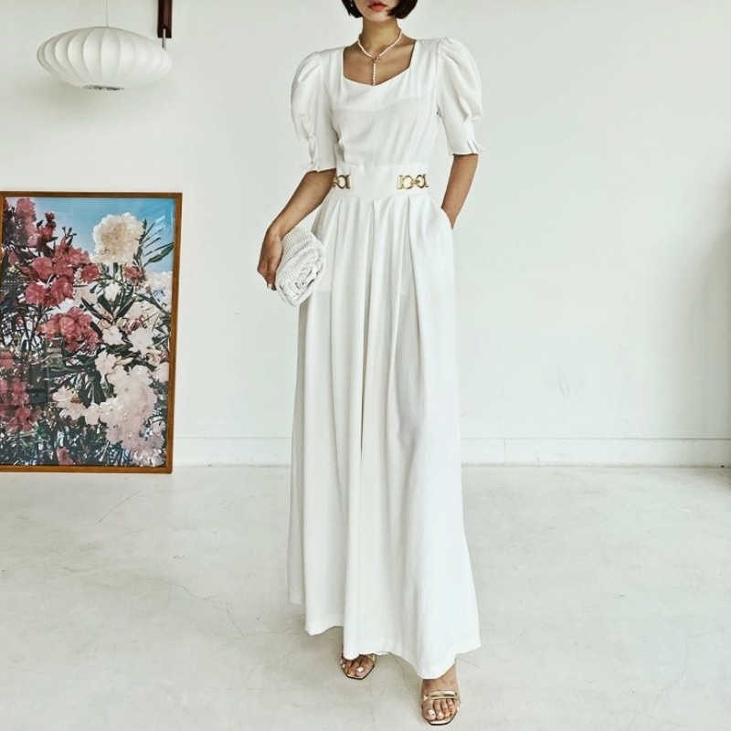 Korejpaa Women Jumpsuits Korea chic French temperament square collar pleated metal ring buckle bubble sleeve jumpsuit 210526