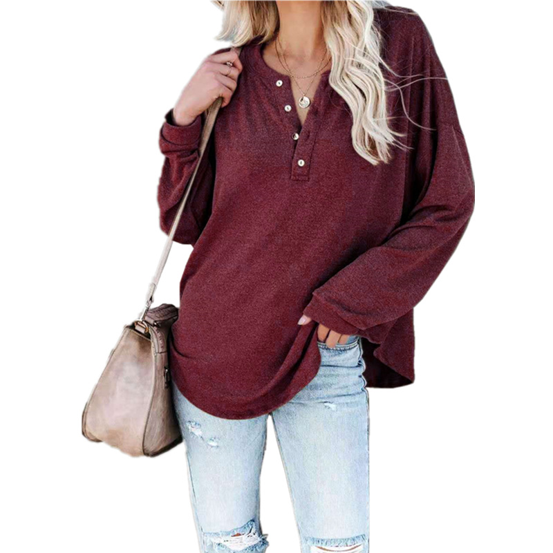 T-Shirt 2021 European and American spring solid color long-sleeved round neck pullover button top
