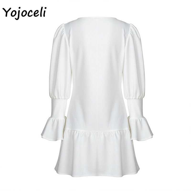 Yojoceli v neck flare sleeve ruffle dres white chiffon party club day female vestidos 210609